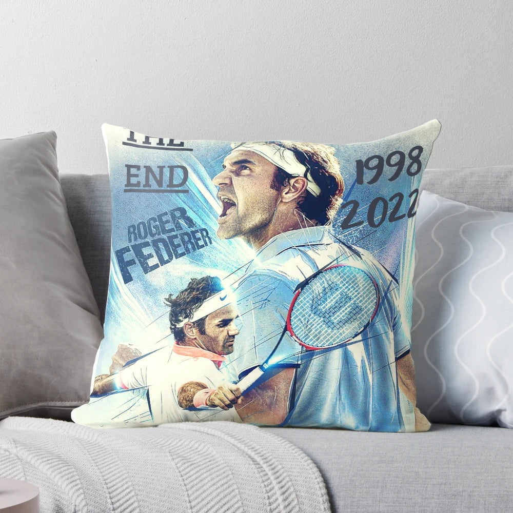 A soft, plush pillow featuring an illustration of tennis legend Roger Federer