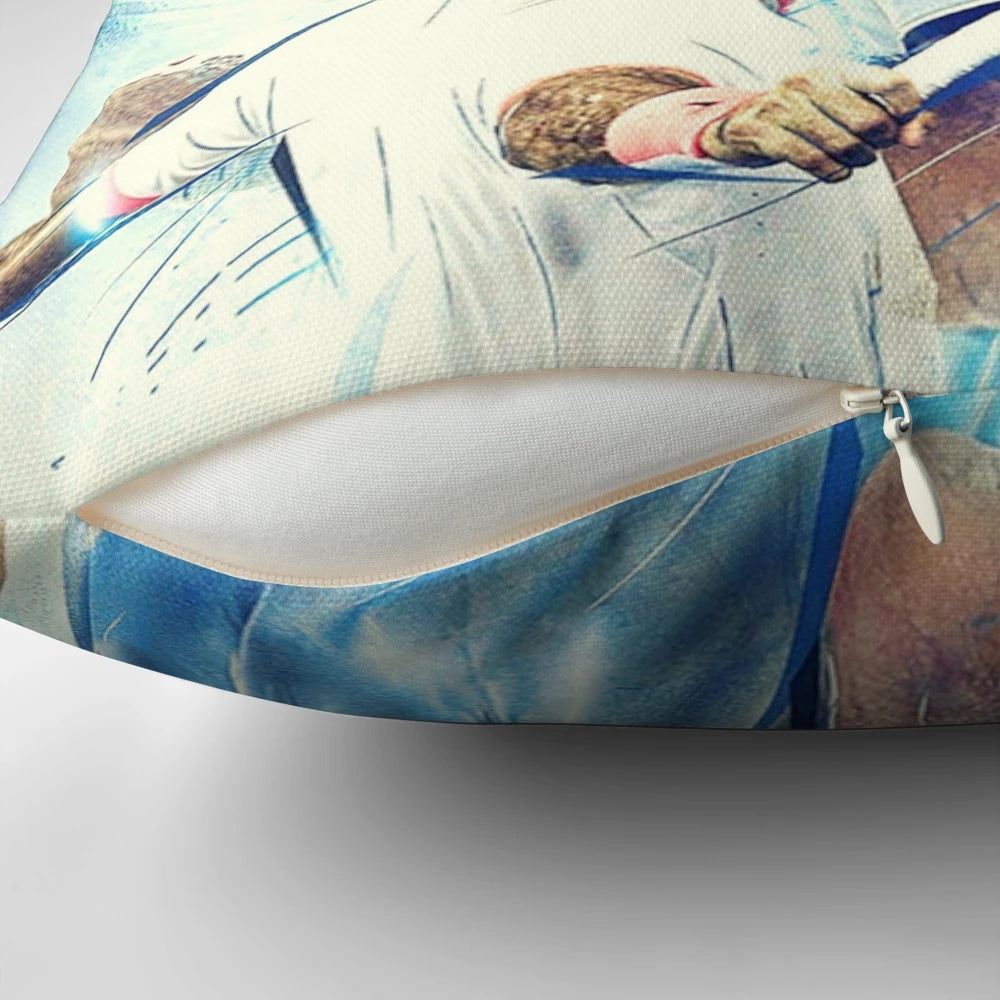A soft, plush pillow featuring an illustration of tennis legend Roger Federer