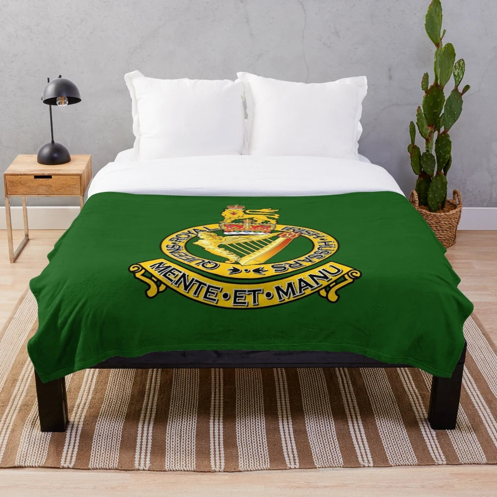 Plush blanket featuring the crest and design of the Royal Irish Hussars military regiment