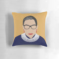 Vibrant yellow pillow with "RBG" text, honoring the legacy of Supreme Court Justice Ruth Bader Ginsburg