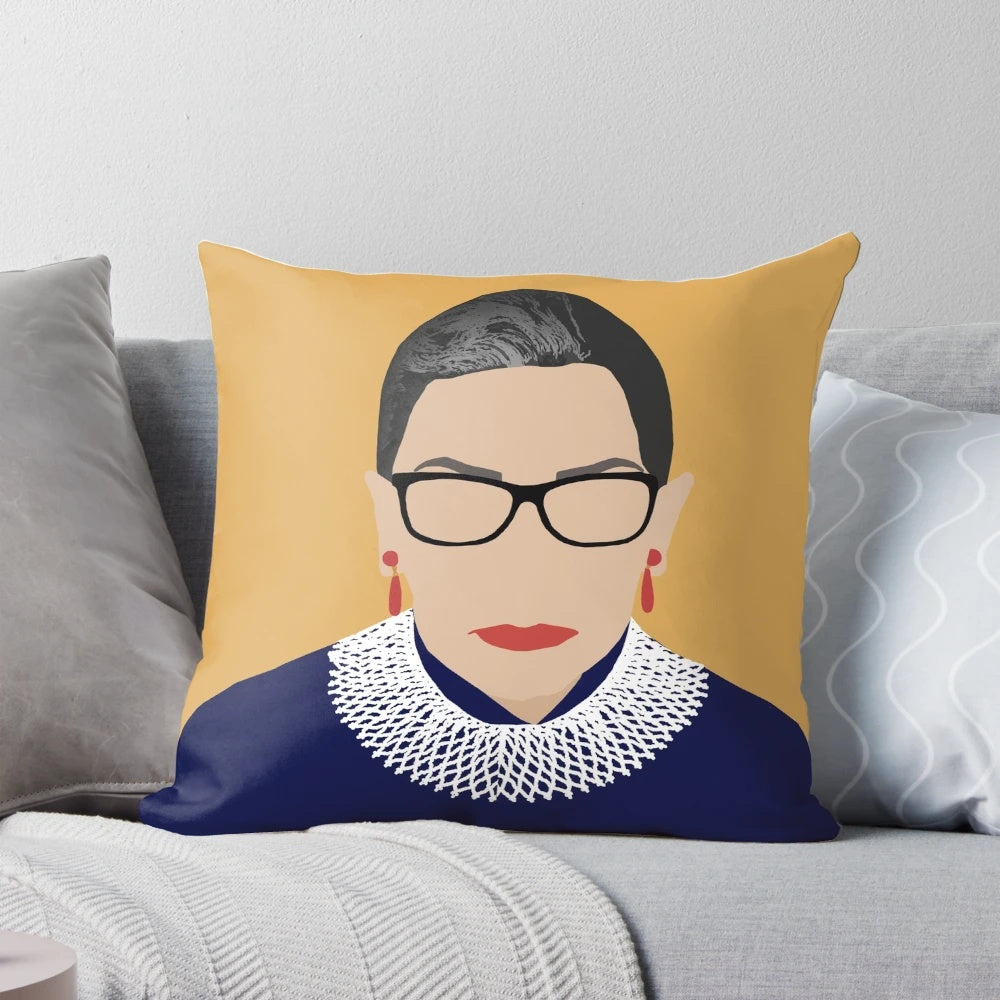 Vibrant yellow pillow with "RBG" text, honoring the legacy of Supreme Court Justice Ruth Bader Ginsburg