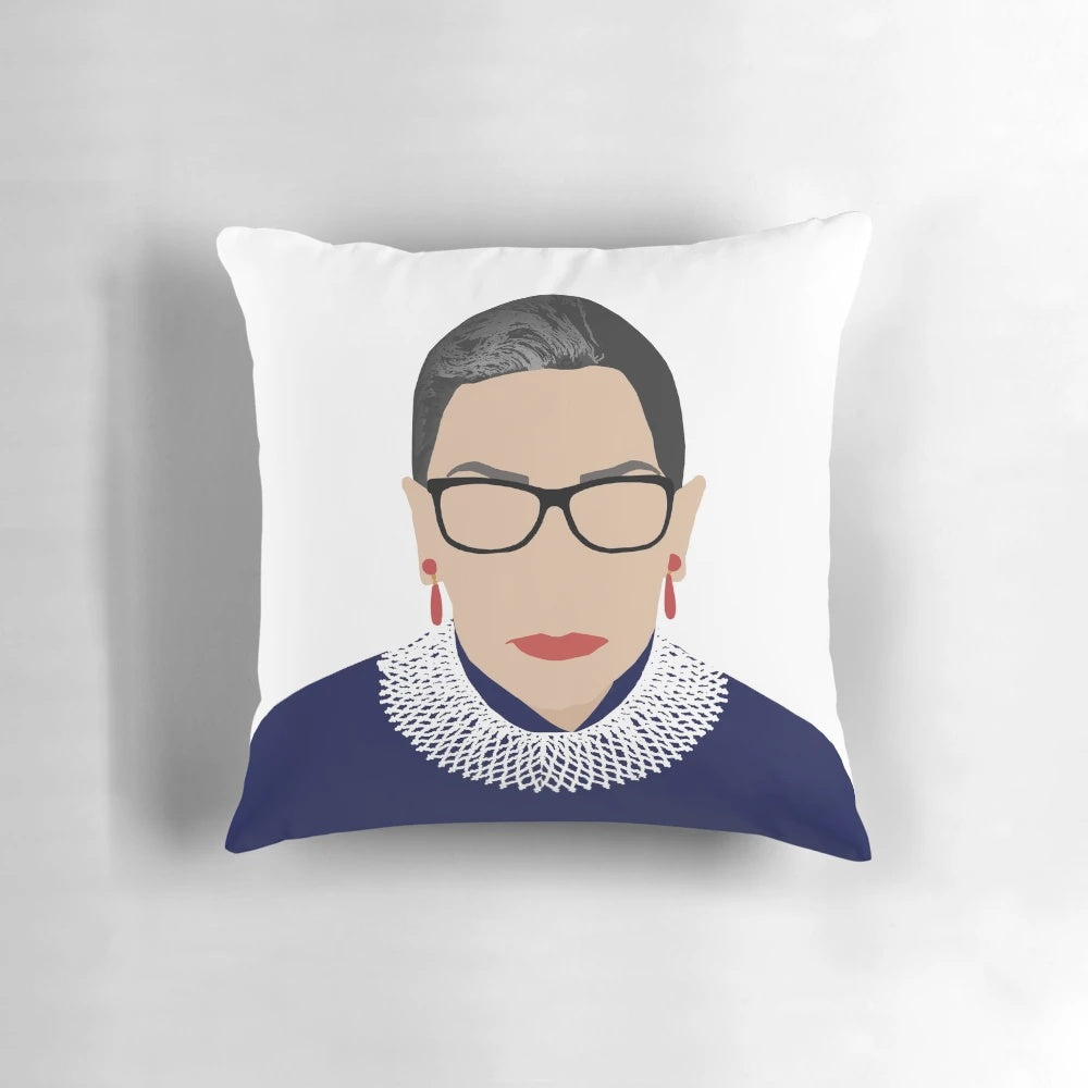 Ruth Bader Ginsburg Pillow featuring a portrait of the late Supreme Court Justice