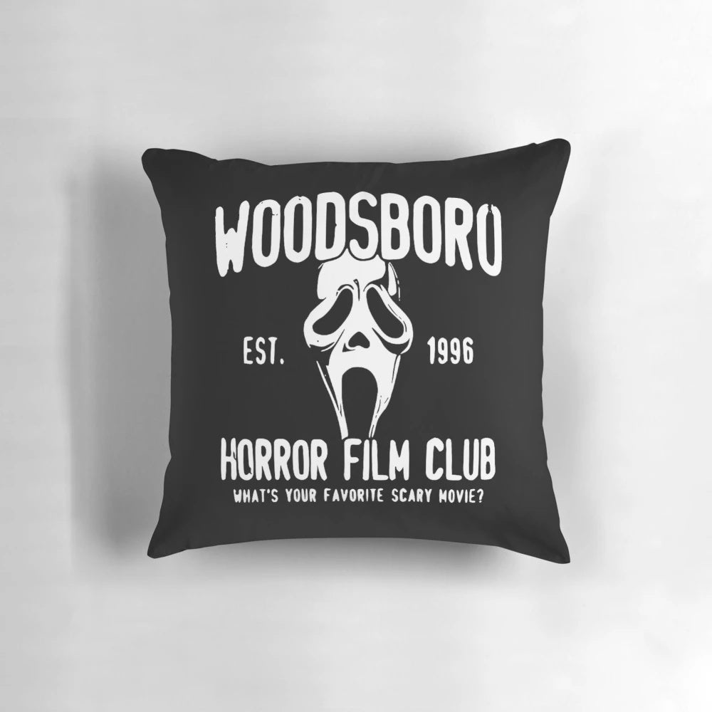 Scream-themed horror movie pillow featuring Woodsboro film club imagery