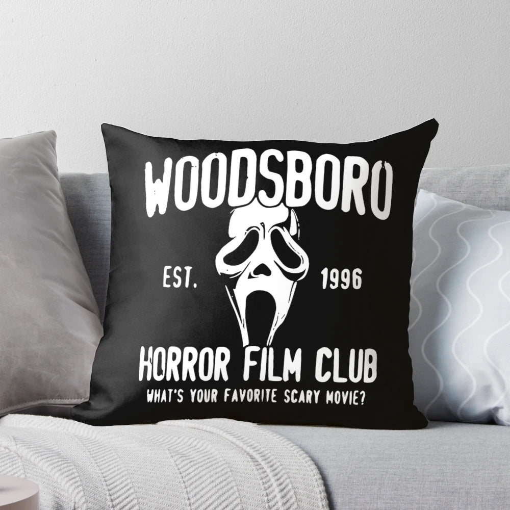 Scream-themed horror movie pillow featuring Woodsboro film club imagery
