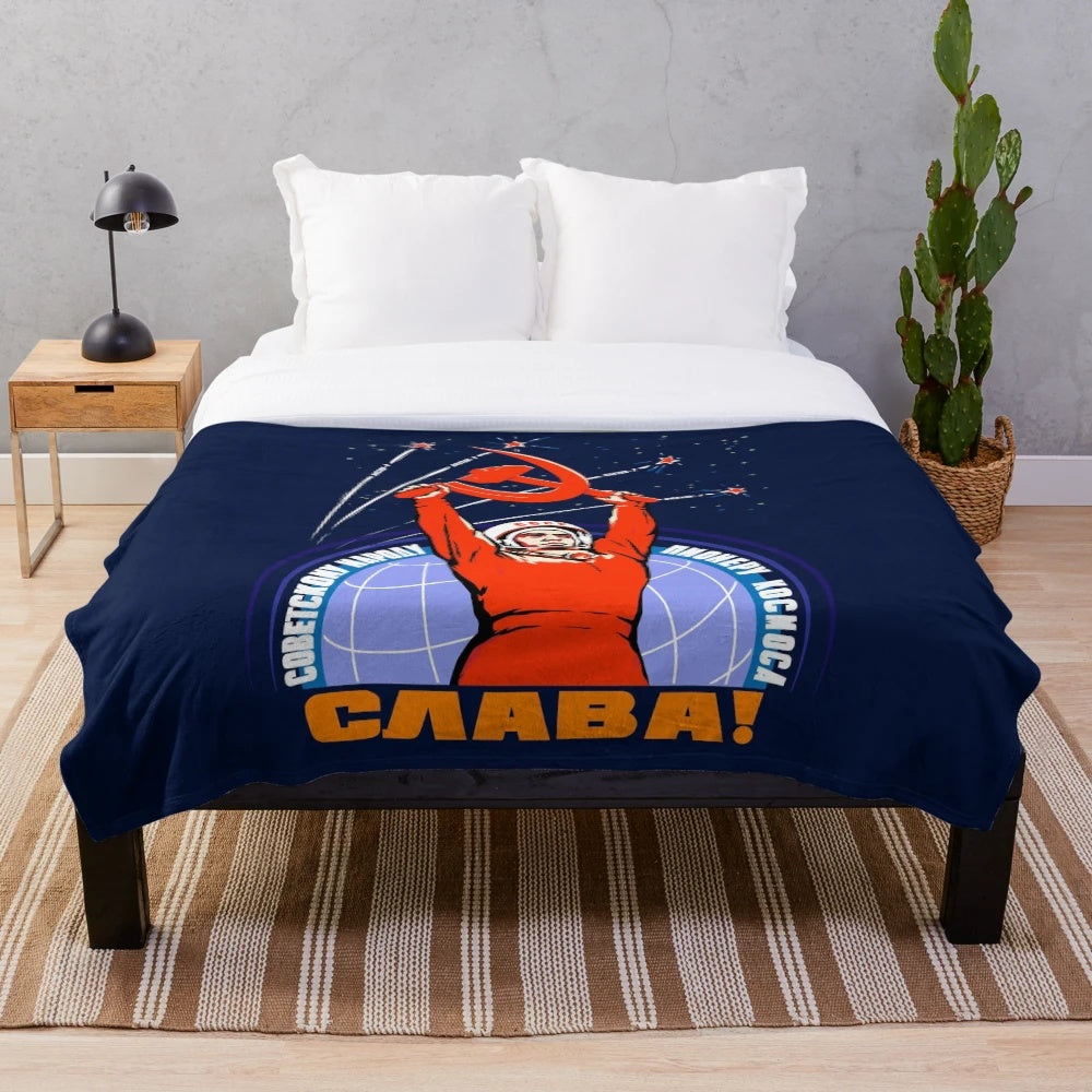 Vintage-style plush blanket featuring an image of Soviet cosmonaut Yuri Gagarin