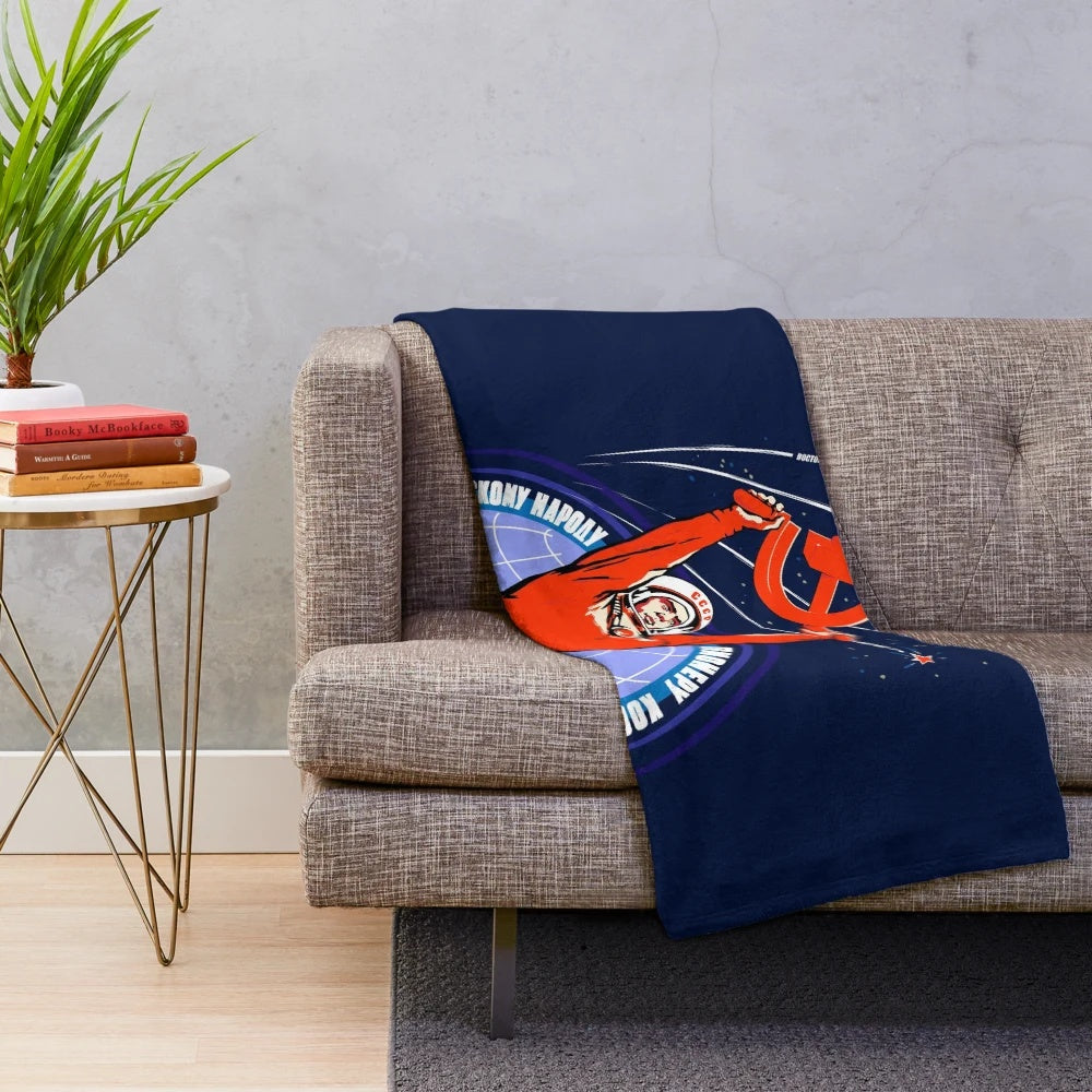 Vintage-style plush blanket featuring an image of Soviet cosmonaut Yuri Gagarin