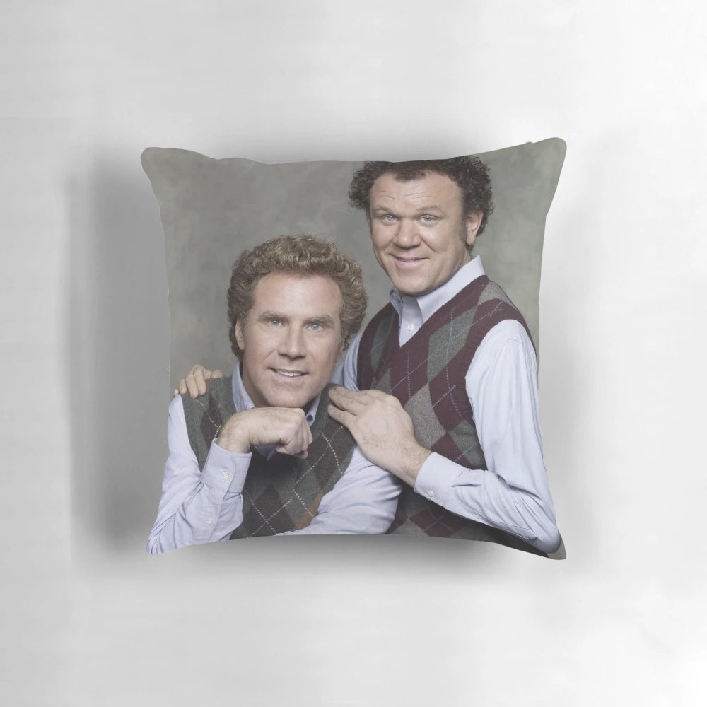 Step Brothers family portrait illustrated on a decorative pillow