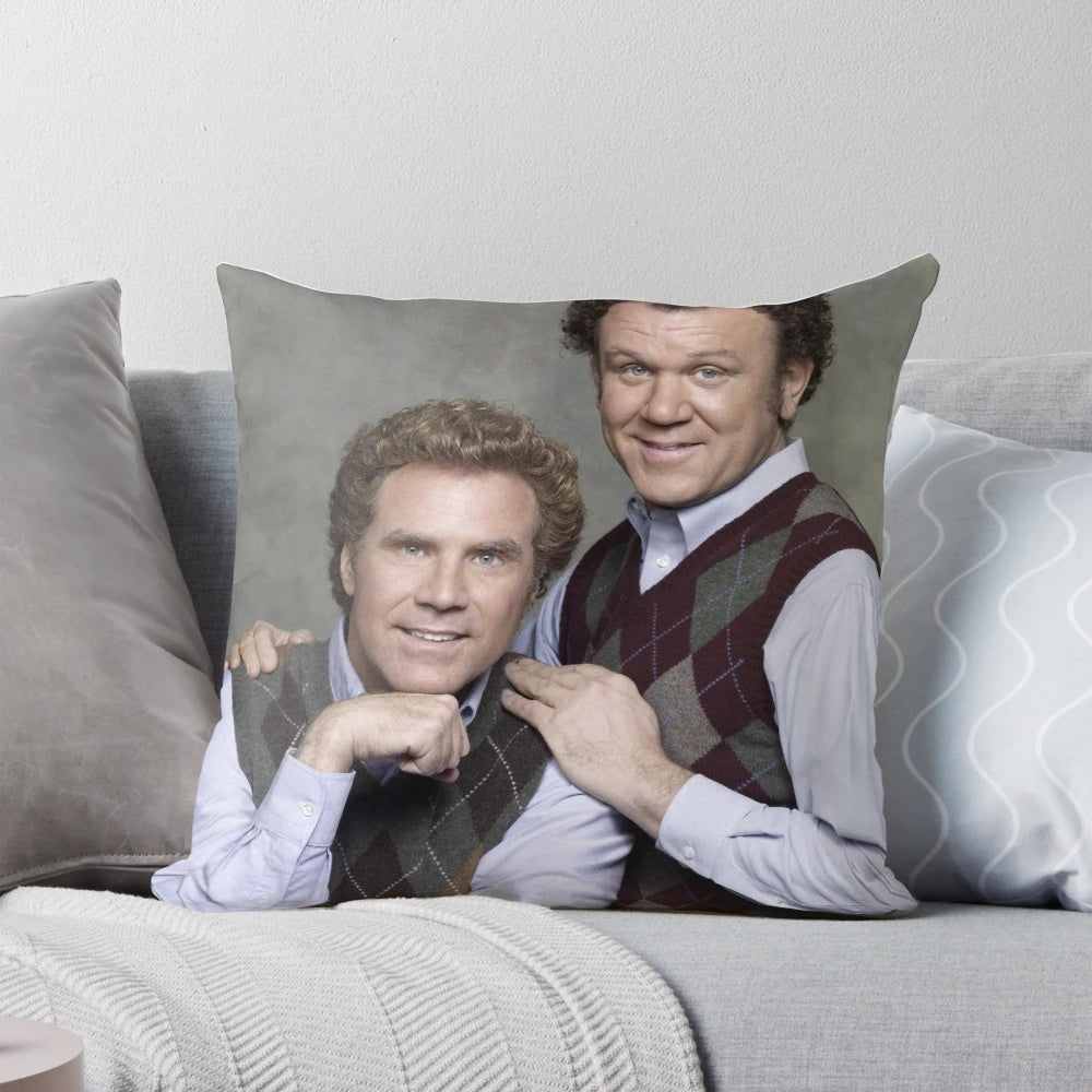 Step Brothers family portrait illustrated on a decorative pillow