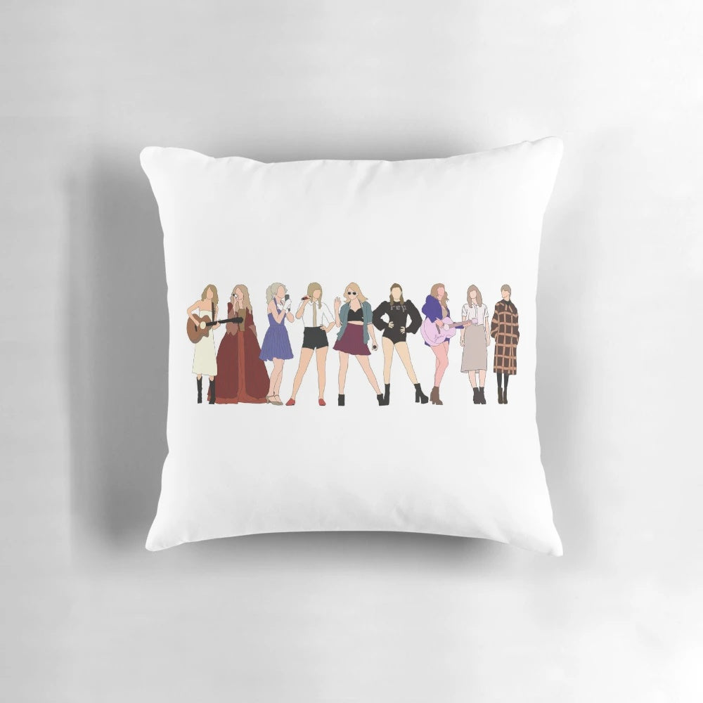 Decorative throw pillow featuring illustrations of Taylor Swift's Eras album covers