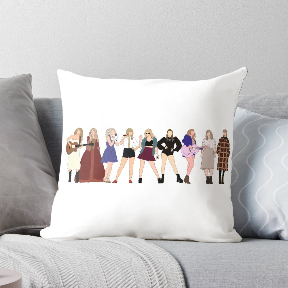 Decorative throw pillow featuring illustrations of Taylor Swift's Eras album covers