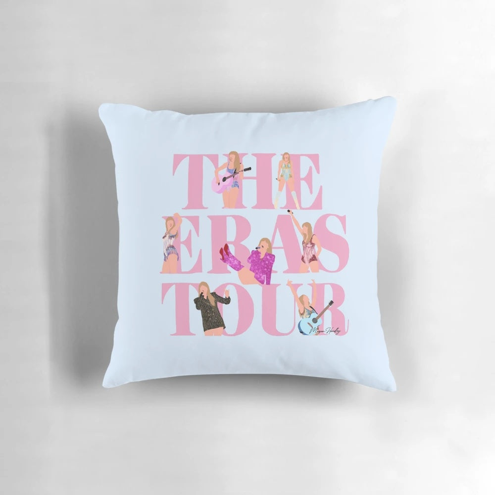 A decorative pillow featuring an artistic representation of the Taylor Swift Eras Tour logo