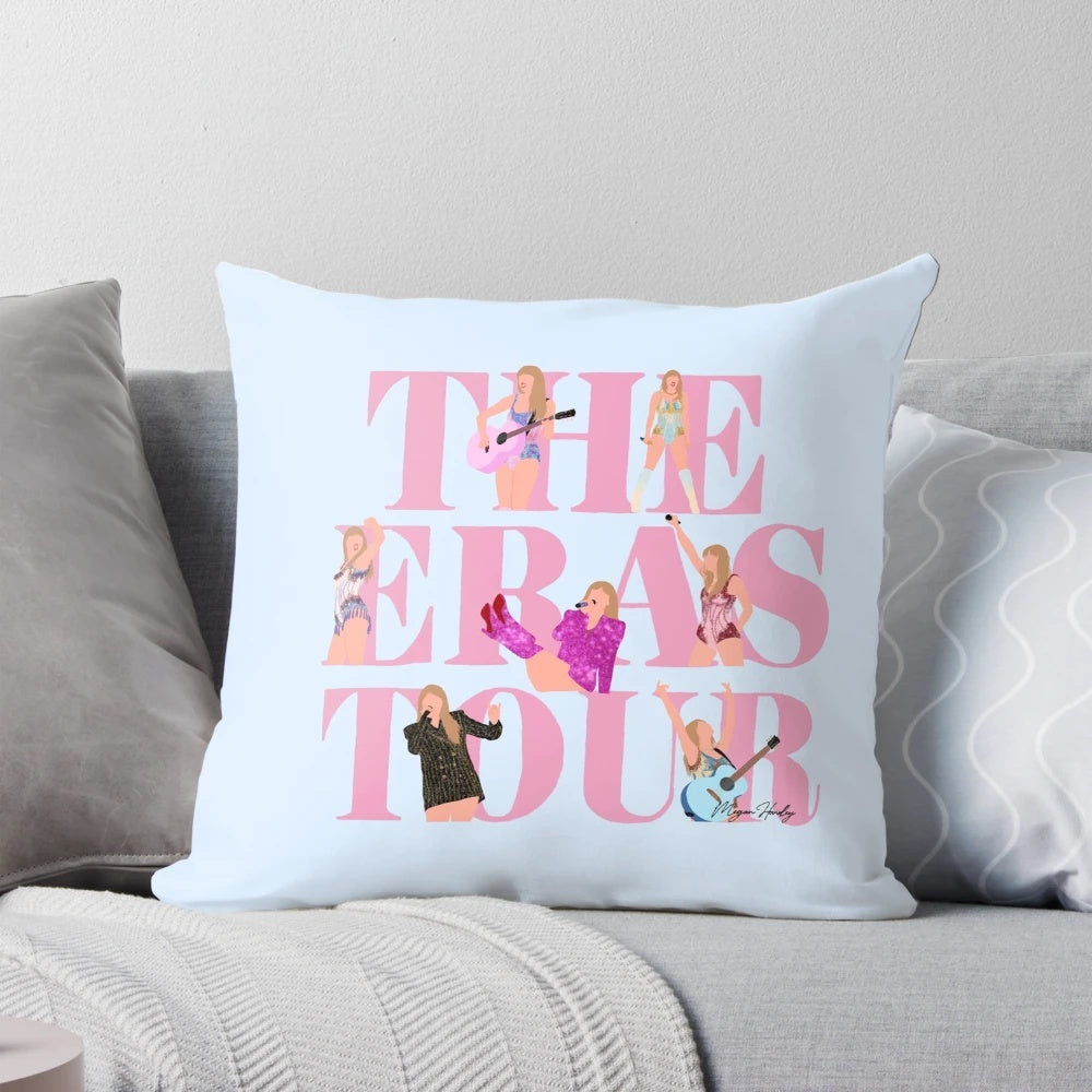 A decorative pillow featuring an artistic representation of the Taylor Swift Eras Tour logo