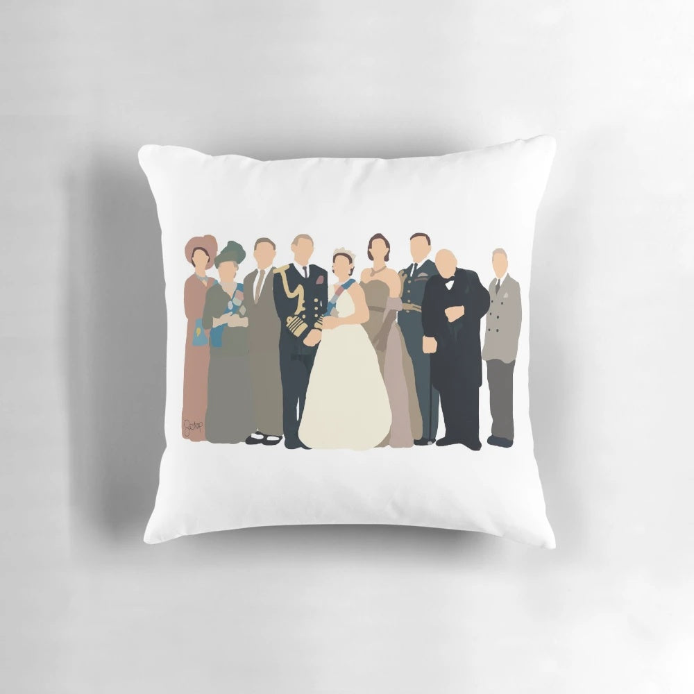 Decorative pillow featuring the cast of The Crown season 1