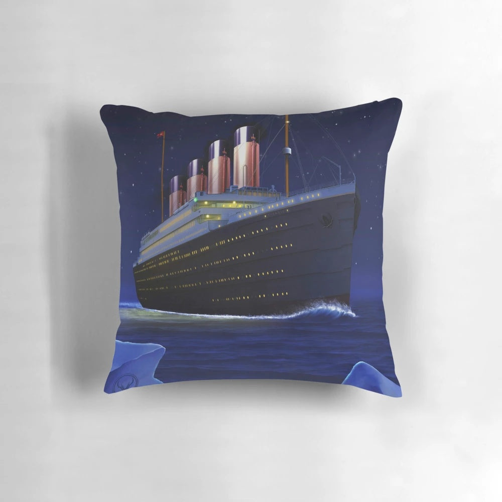 Titanic-themed decorative pillow with ship and iceberg design