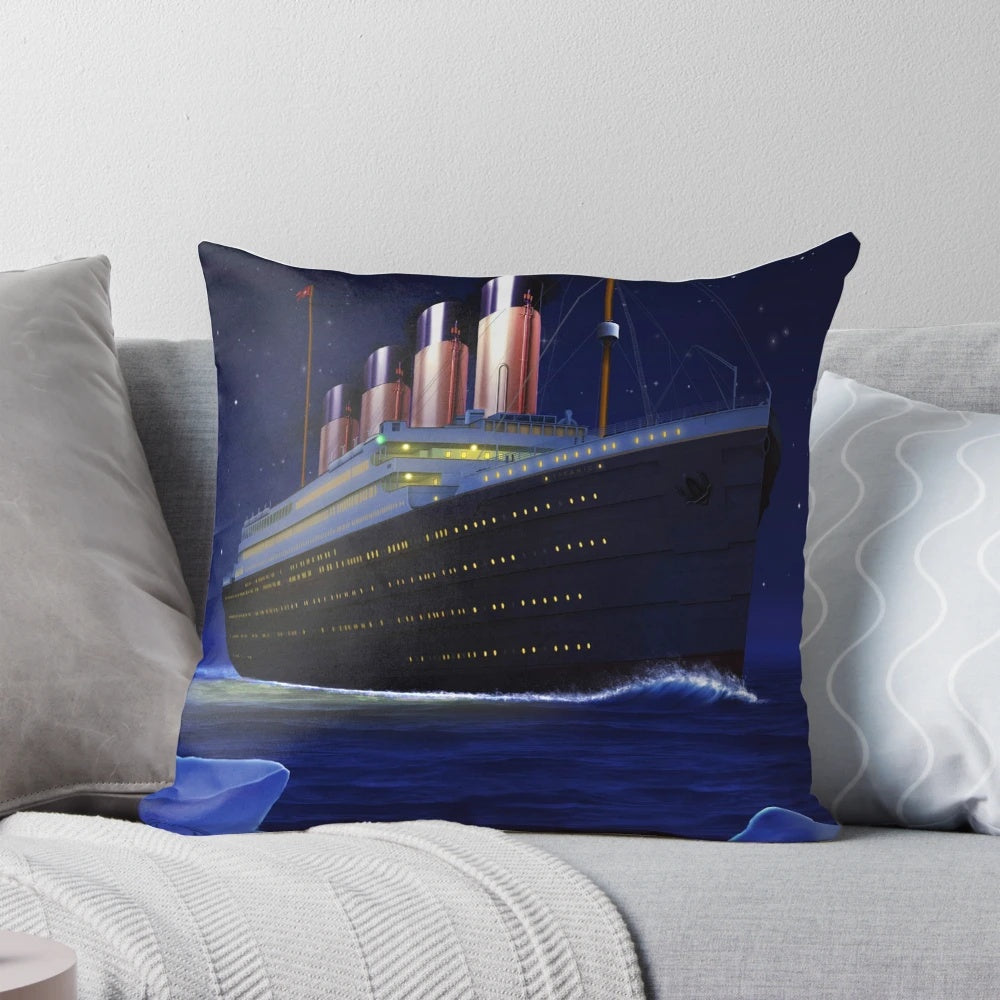 Titanic-themed decorative pillow with ship and iceberg design