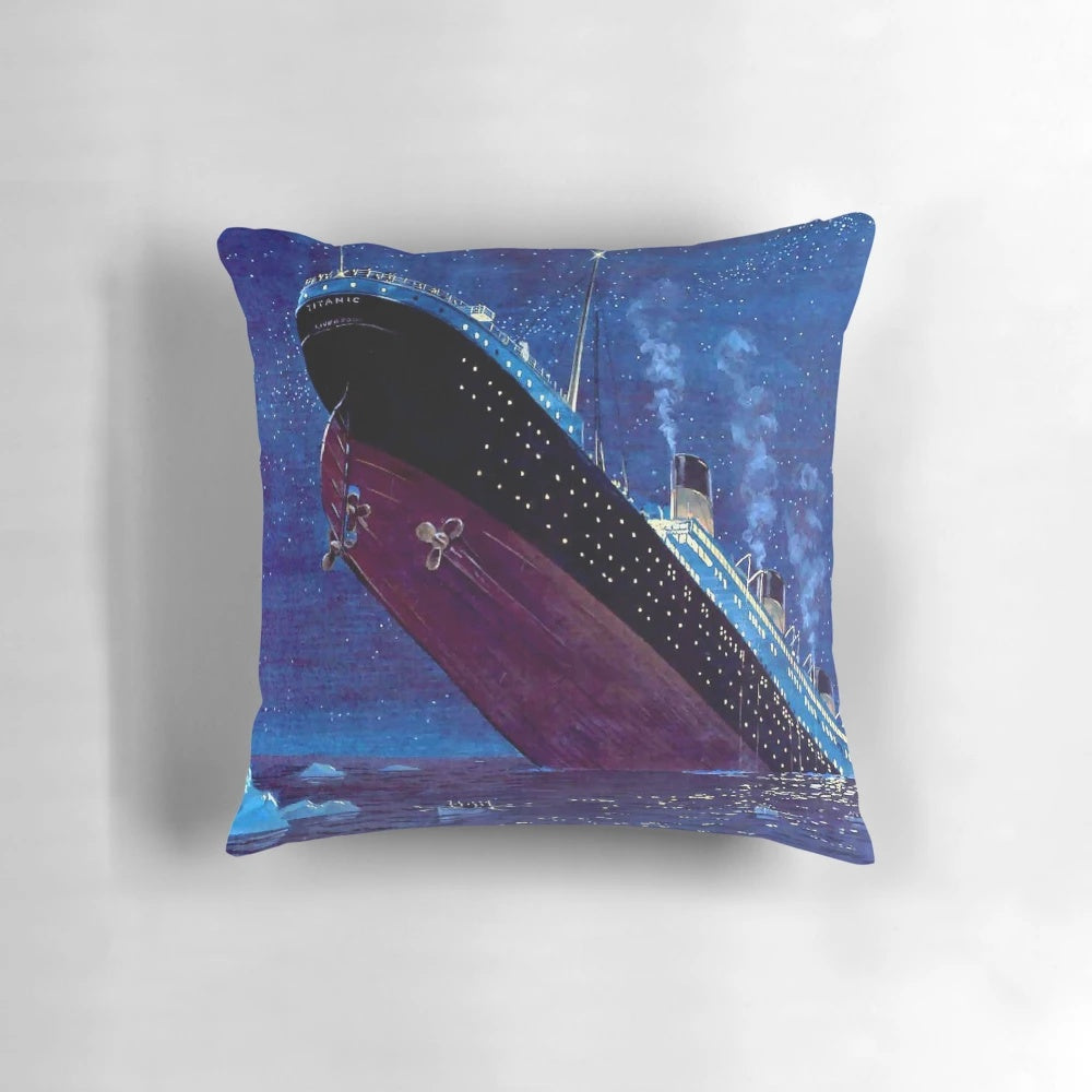 Soft and cozy pillow with a printed image of the sinking Titanic ship