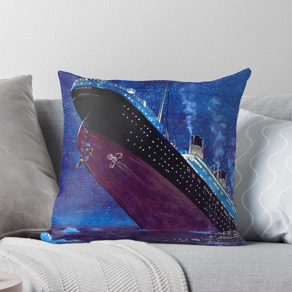 Soft and cozy pillow with a printed image of the sinking Titanic ship