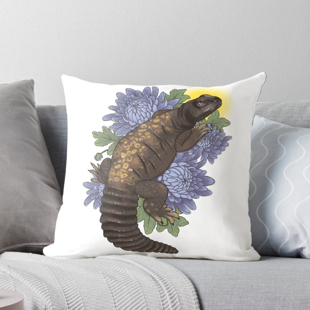 Uromastyx lizard memorial pillow featuring beautiful blue chrysanthemum flowers