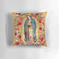 Decorative pillow featuring an image of the Virgin Mary of Guadalupe, a religious icon from Mexico