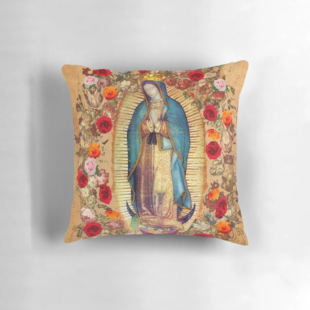 Decorative pillow featuring an image of the Virgin Mary of Guadalupe, a religious icon from Mexico