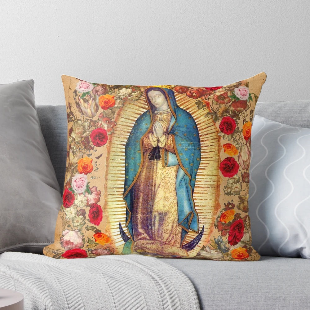 Decorative pillow featuring an image of the Virgin Mary of Guadalupe, a religious icon from Mexico