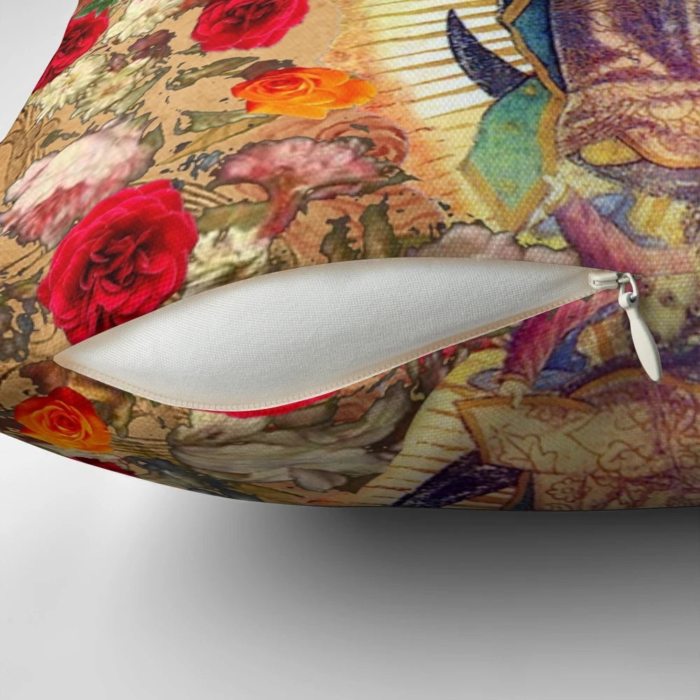 Decorative pillow featuring an image of the Virgin Mary of Guadalupe, a religious icon from Mexico