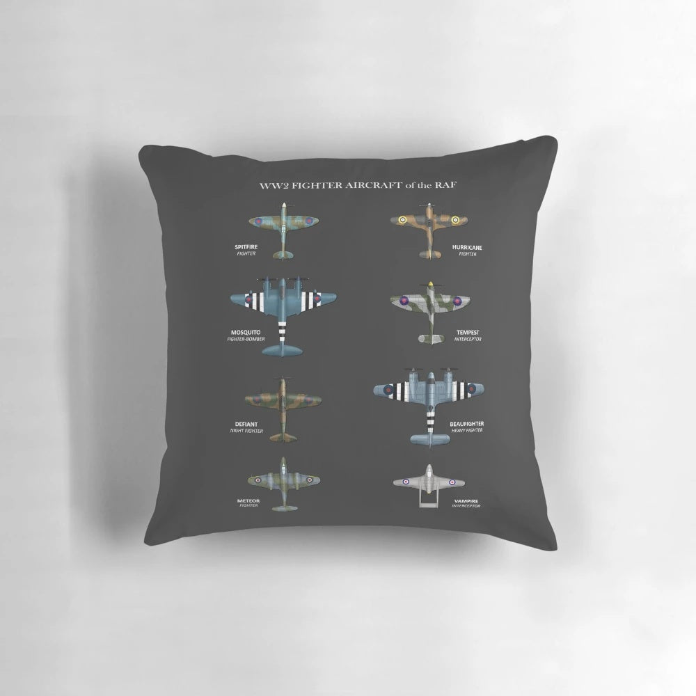 Vintage World War 2 RAF fighter aircraft pillow featuring the Spitfire, Hurricane, Mosquito, and other iconic planes.