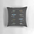 Vintage World War 2 RAF fighter aircraft pillow featuring the Spitfire, Hurricane, Mosquito, and other iconic planes.
