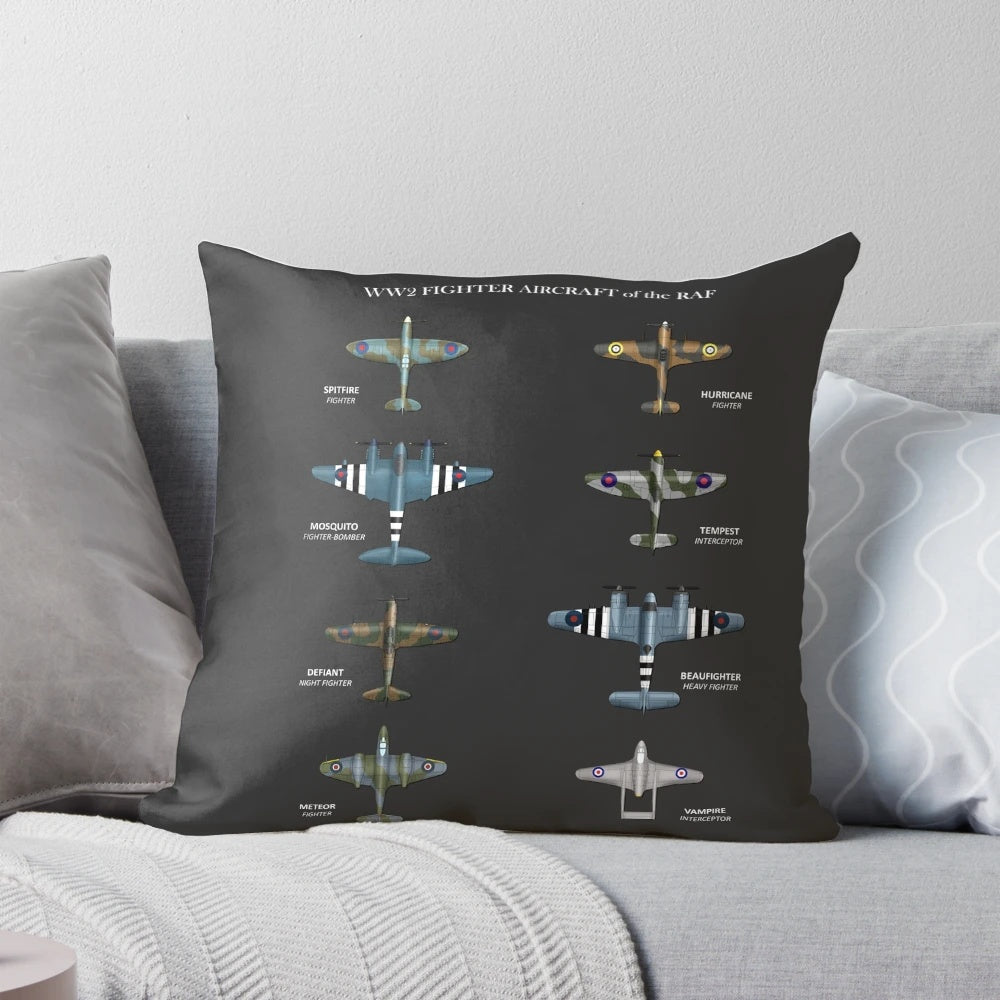 Vintage World War 2 RAF fighter aircraft pillow featuring the Spitfire, Hurricane, Mosquito, and other iconic planes.