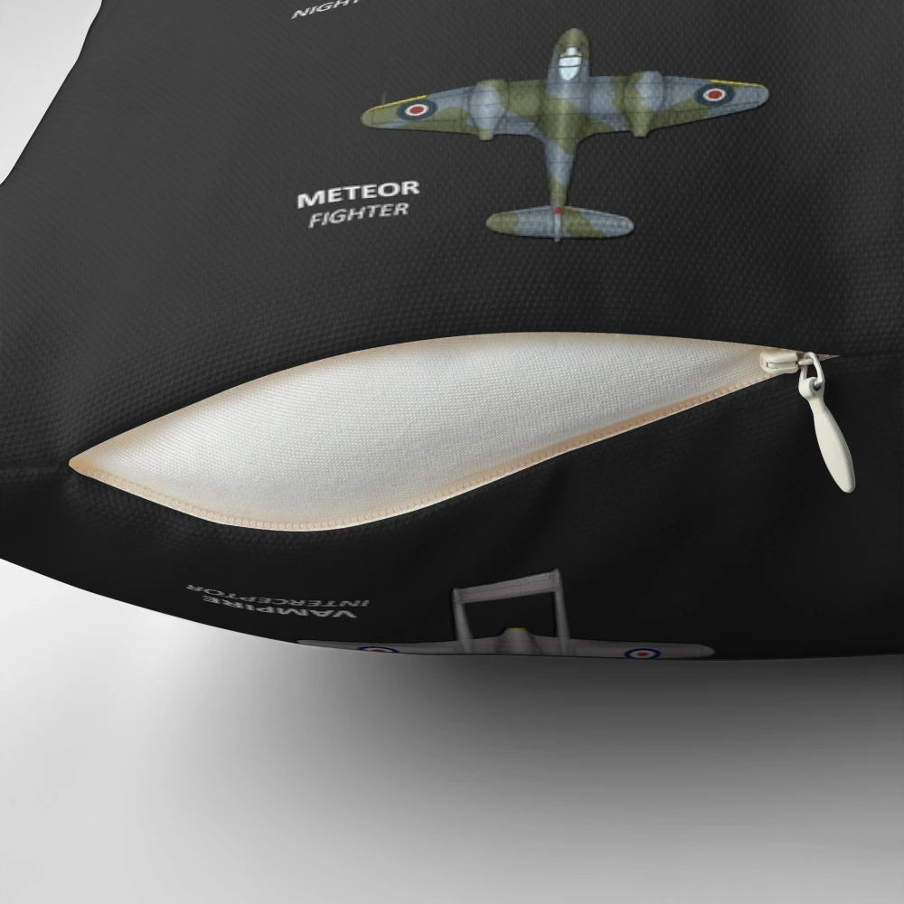 Vintage World War 2 RAF fighter aircraft pillow featuring the Spitfire, Hurricane, Mosquito, and other iconic planes.