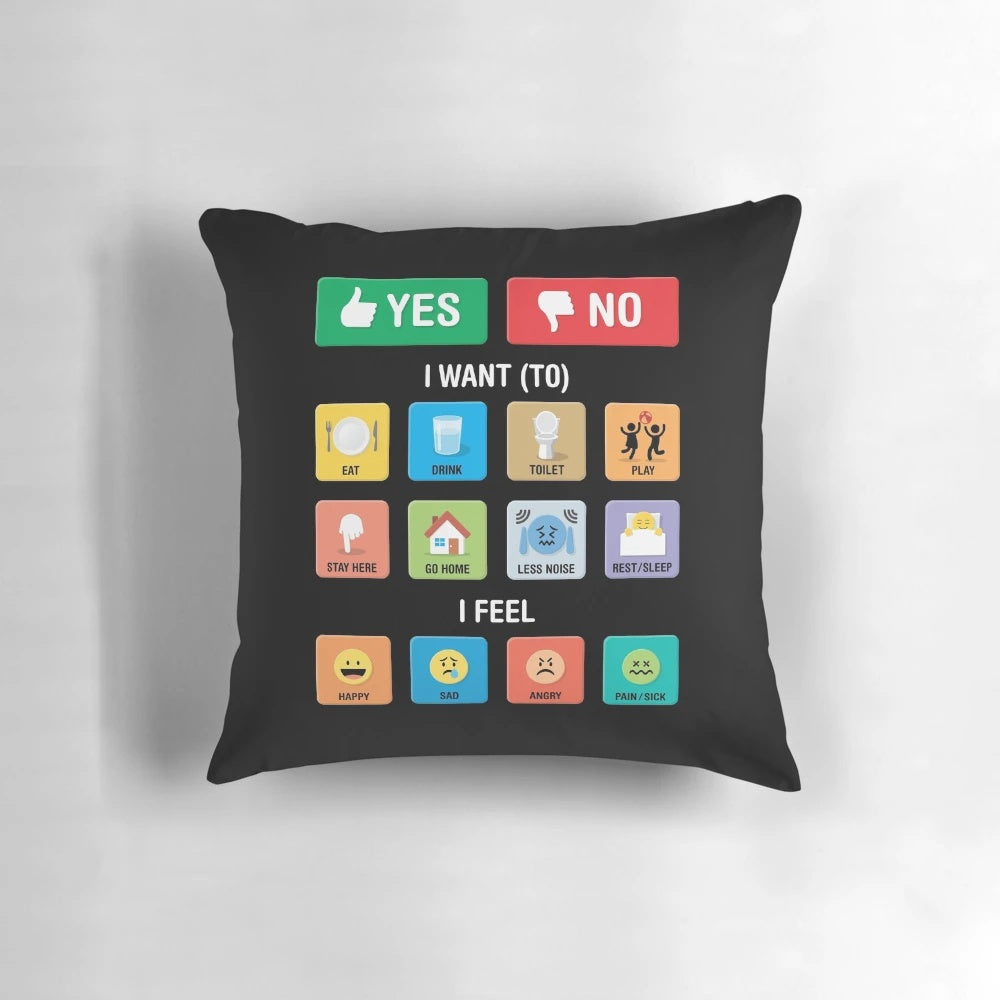 Pillow with pointing symbols and icons to help non-verbal children with autism and other special needs communicate better.