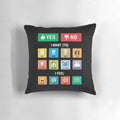 Pillow with pointing symbols and icons to help non-verbal children with autism and other special needs communicate better.