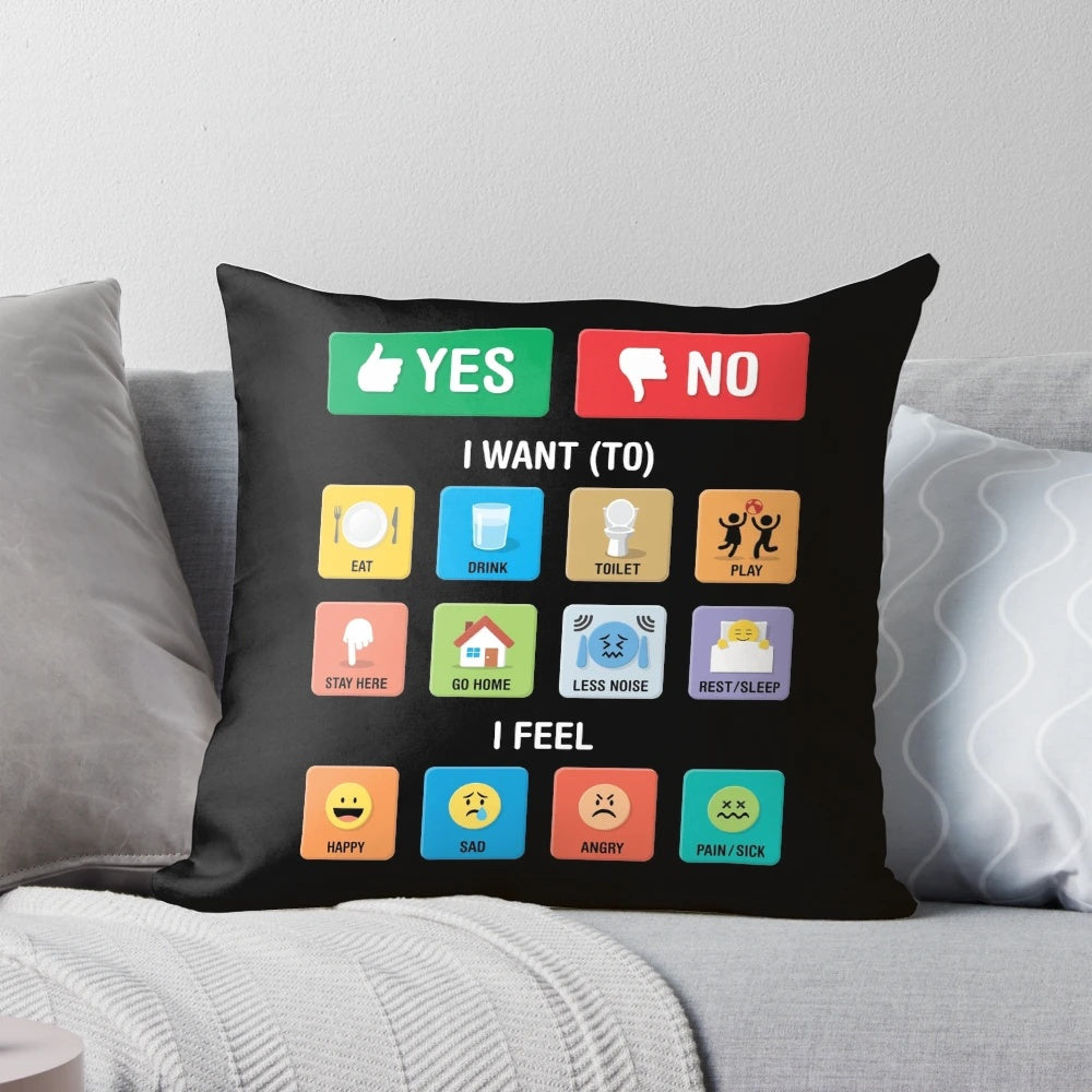 Pillow with pointing symbols and icons to help non-verbal children with autism and other special needs communicate better.