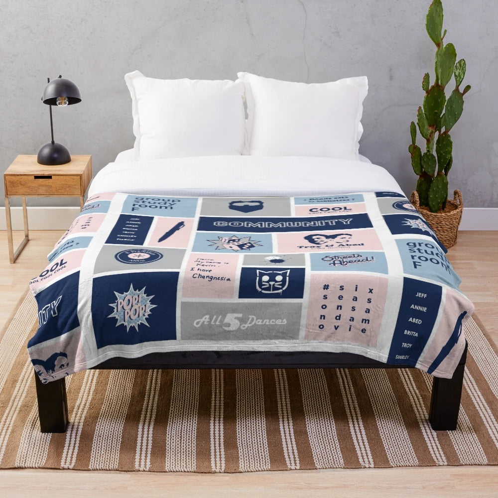 Community TV series-inspired grey and blue plush blanket