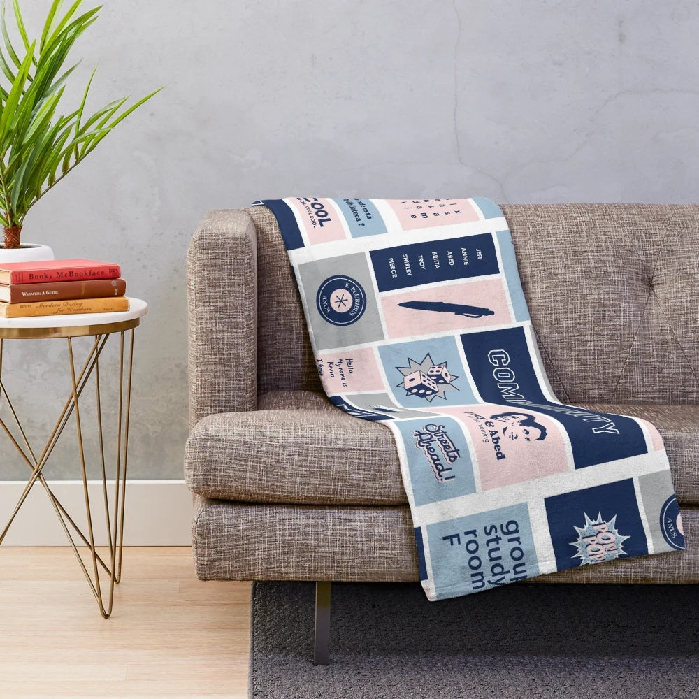Community TV series-inspired grey and blue plush blanket