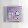 Closeup of a compact, glittery coffee-colored pillow with a mirror and stars design