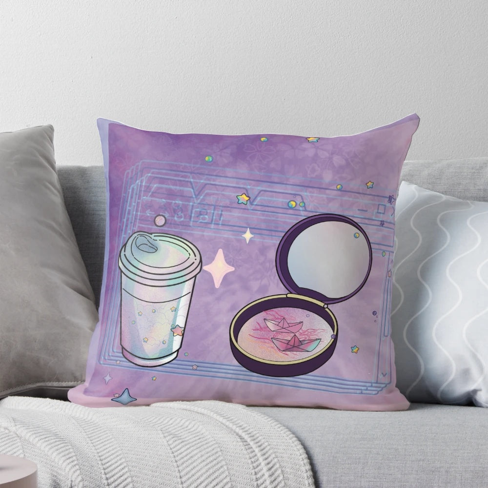 Closeup of a compact, glittery coffee-colored pillow with a mirror and stars design