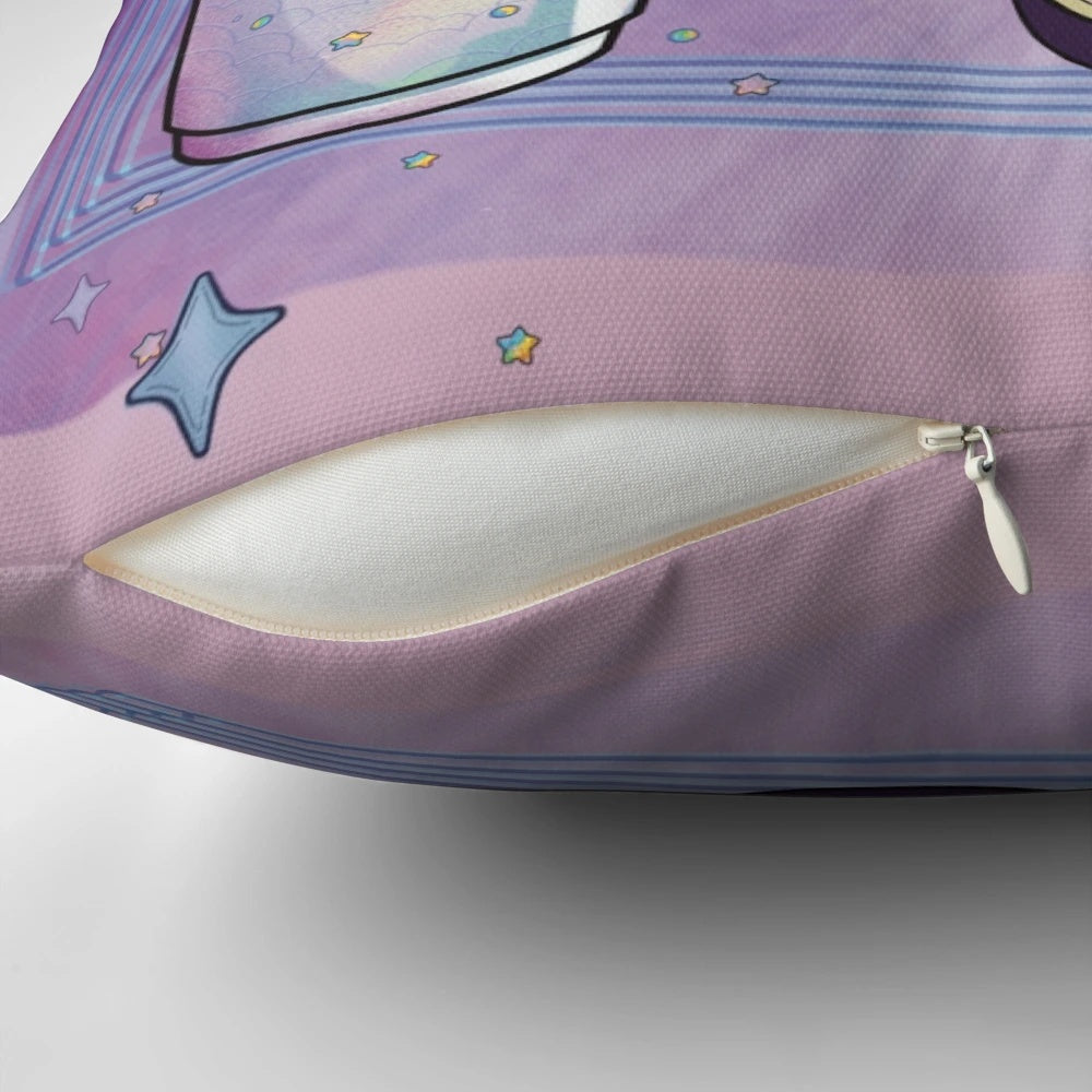 Closeup of a compact, glittery coffee-colored pillow with a mirror and stars design