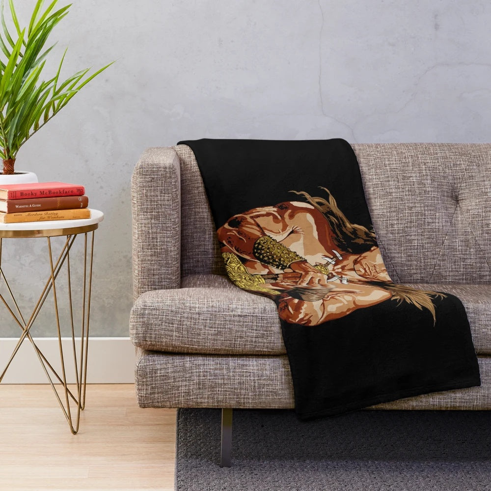 Conan the Barbarian-inspired plush blanket with sword and muscles