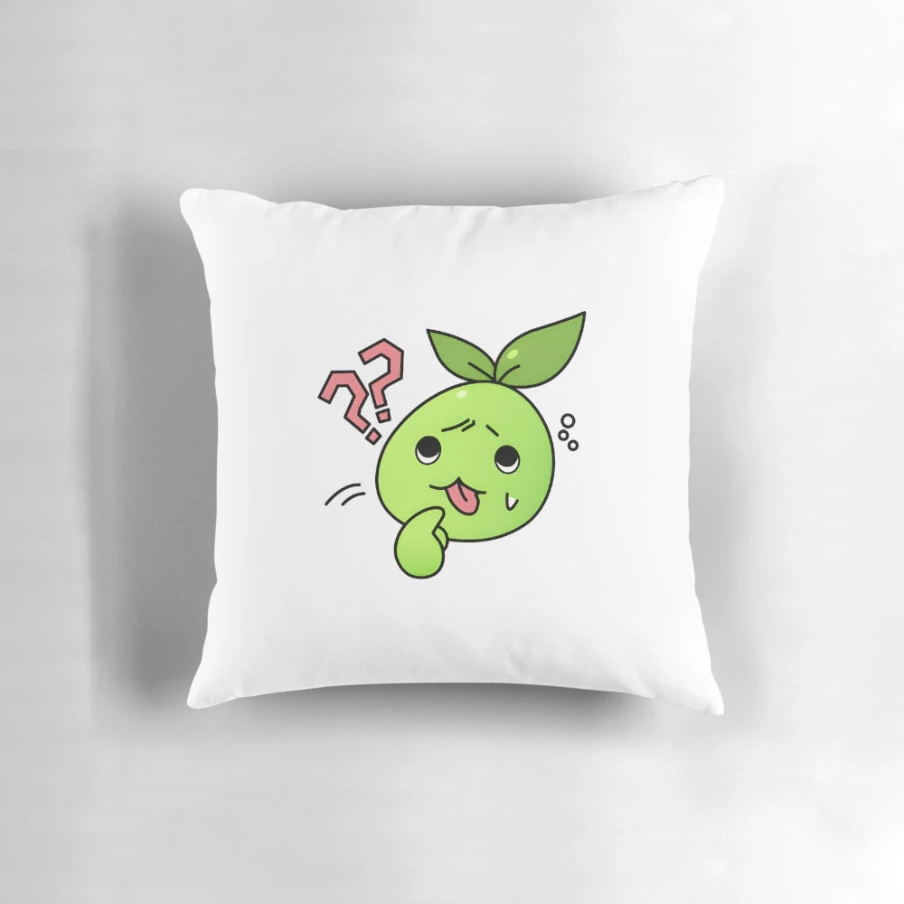 A soft, plush pillow featuring a confused mokoko emote from the popular MMORPG Lost Ark.