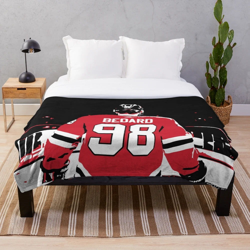 Connor Bedard inspired graphic art plush blanket with Blackhawks colors and design