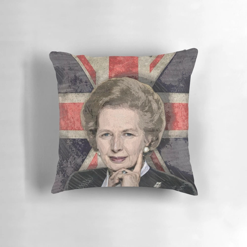 Margaret Thatcher scribble art pillow, featuring the iconic former British Prime Minister