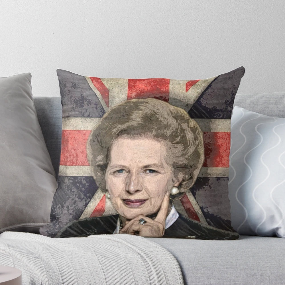 Margaret Thatcher scribble art pillow, featuring the iconic former British Prime Minister