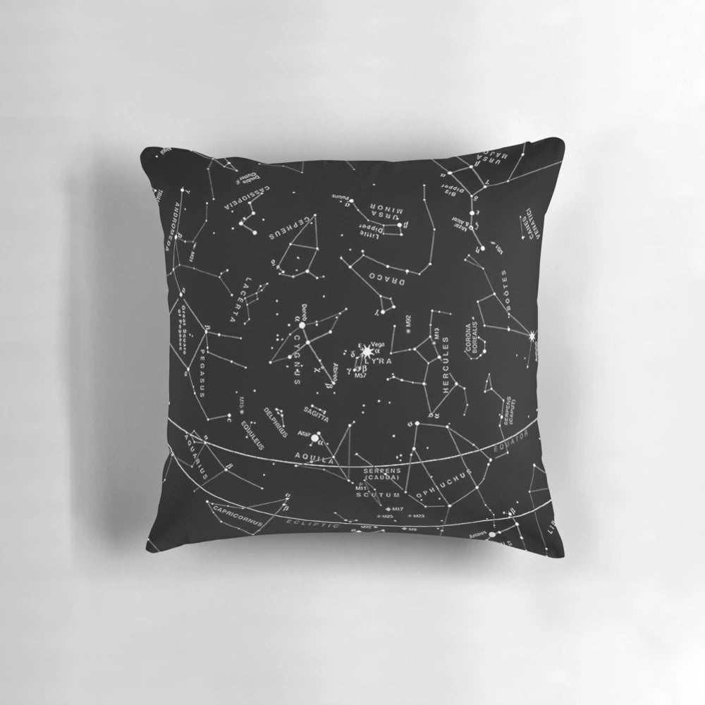 Decorative pillow featuring a night sky with constellations and stars