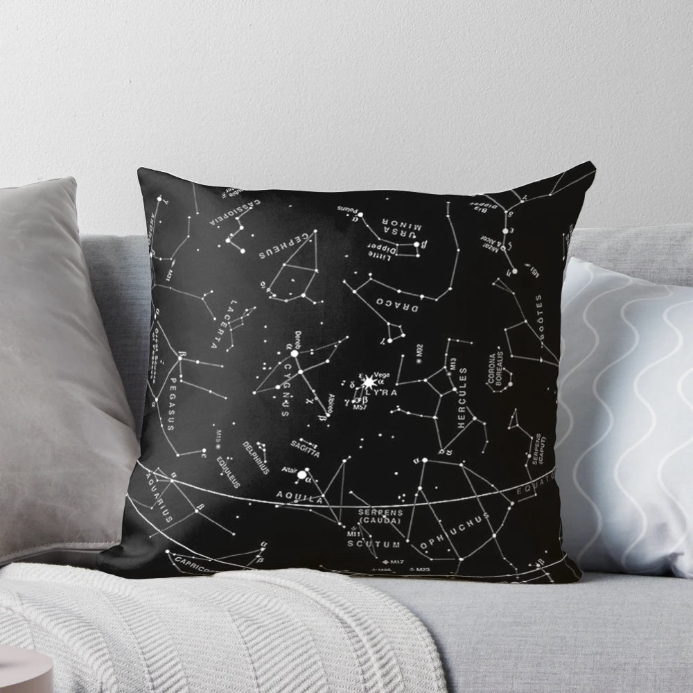 Decorative pillow featuring a night sky with constellations and stars