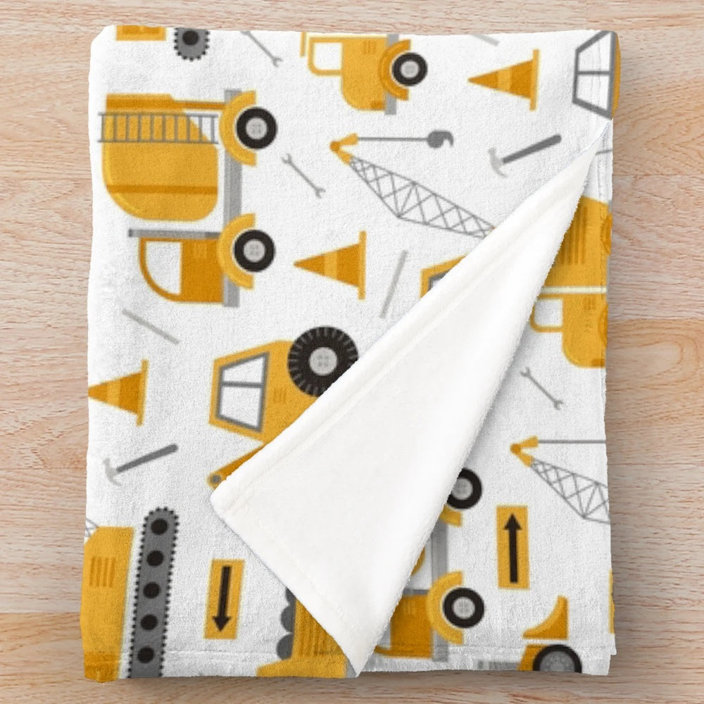 Construction trucks plush blanket with excavators, dump trucks, and cranes