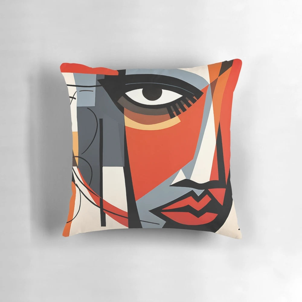 Constructivism-inspired decorative pillow featuring an abstract vector illustration of a woman's face in monochrome tones