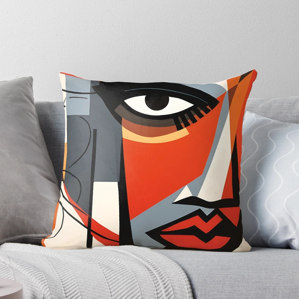 Constructivism-inspired decorative pillow featuring an abstract vector illustration of a woman's face in monochrome tones