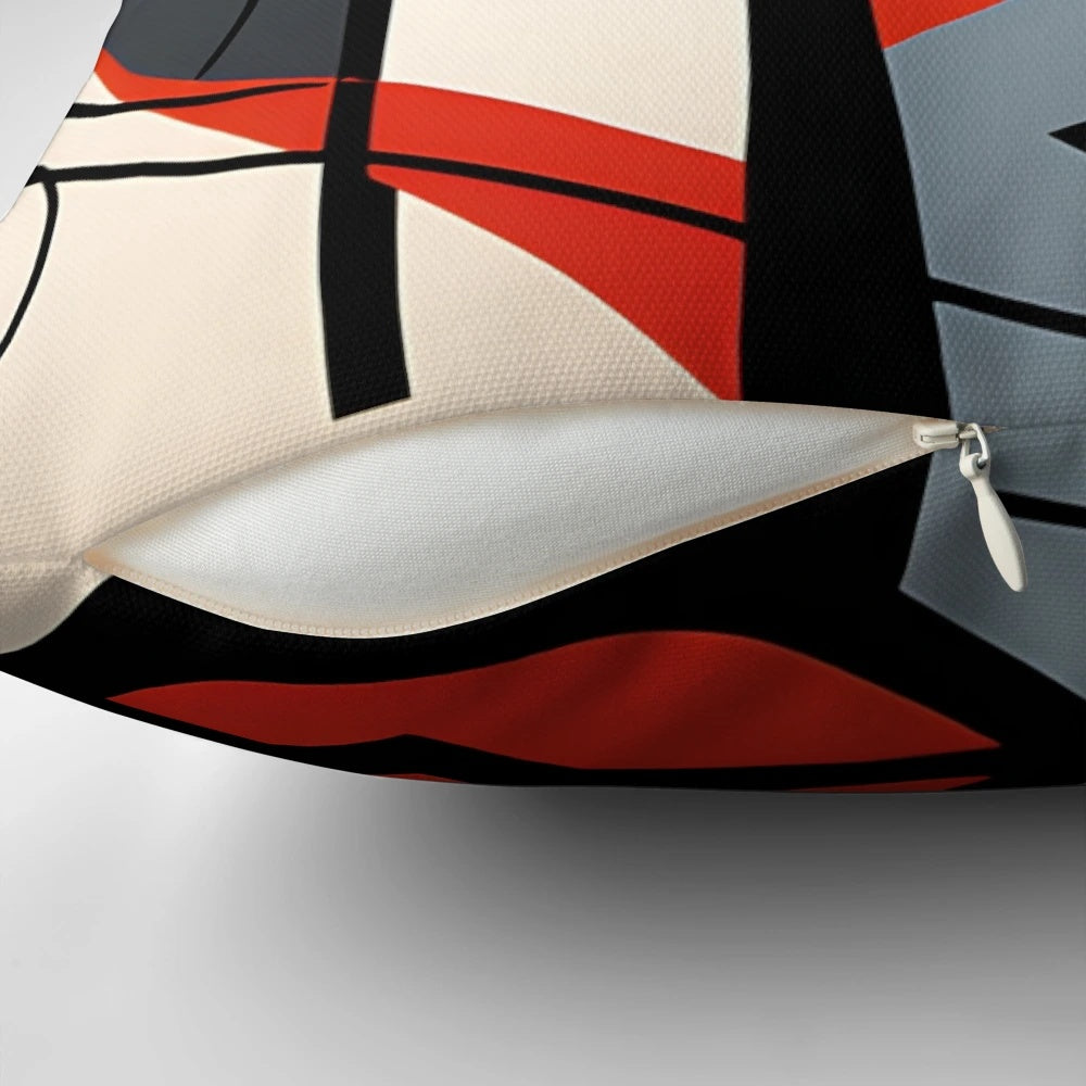 Constructivism-inspired decorative pillow featuring an abstract vector illustration of a woman's face in monochrome tones