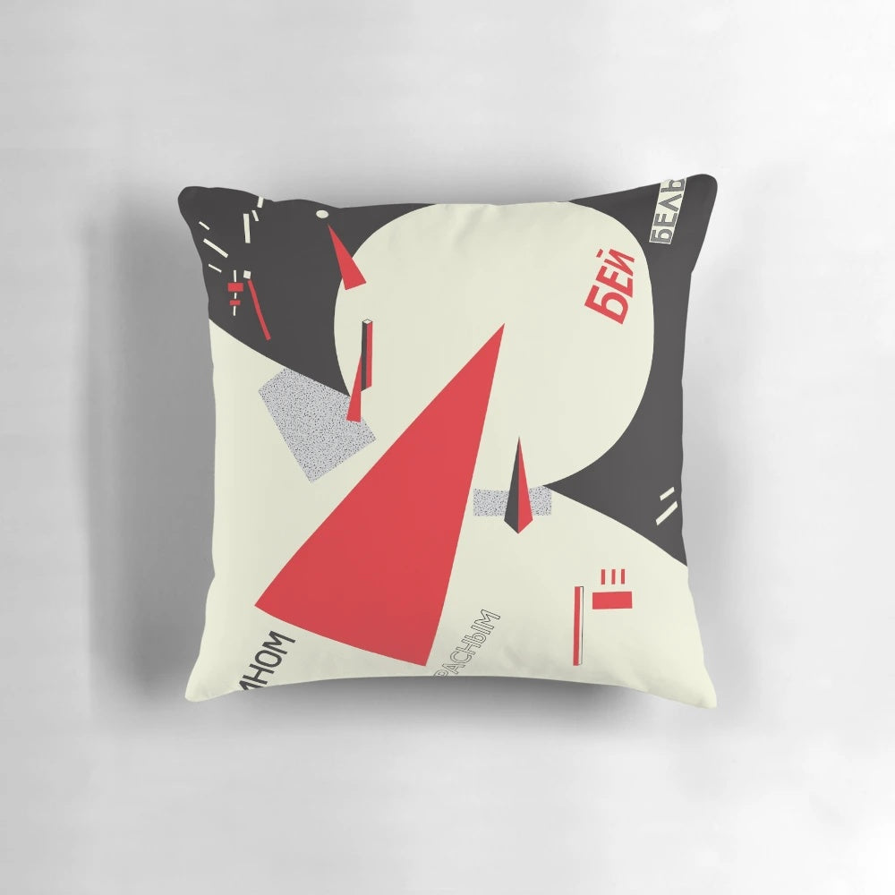 Vibrant red and geometric Constructivist style pillow featuring elements of Suprematism and Russian avant-garde art.